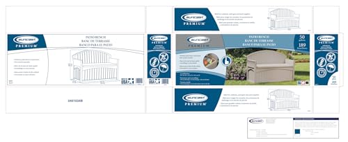 Suncast 50 Gallon Patio Bench with Storage - Decorative Resin Outdoor Patio Bench for Deck, Patio, Garden, Backyard - Ideal for Storing Toys, Cushions, Tools - Taupe ()