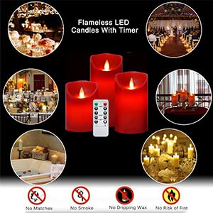 Paichi Flameless Battery Operated LED Candles, Remote Control Electric Realistic Candles Flickering Real Wax 4/5/6 Inch 3PACK with 2/4/6/8 Hour Timer for Home Decor Holidays Party (Red)