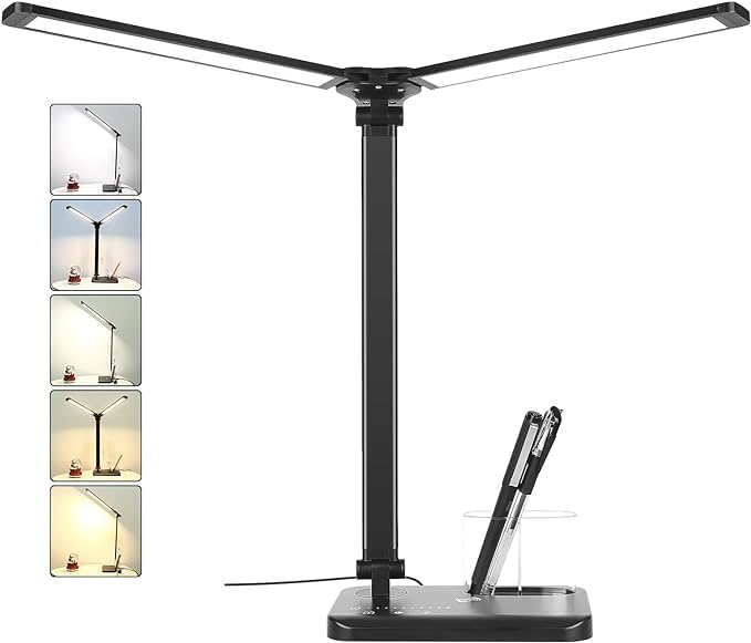 Woputne LED Desk Lamp with Dual Heads, 5 Color Modes & 10 Brightness Levels, Adjustable Reading Light for Home Office, Bedroom, Study, Craft (Black, Includes Adapter)