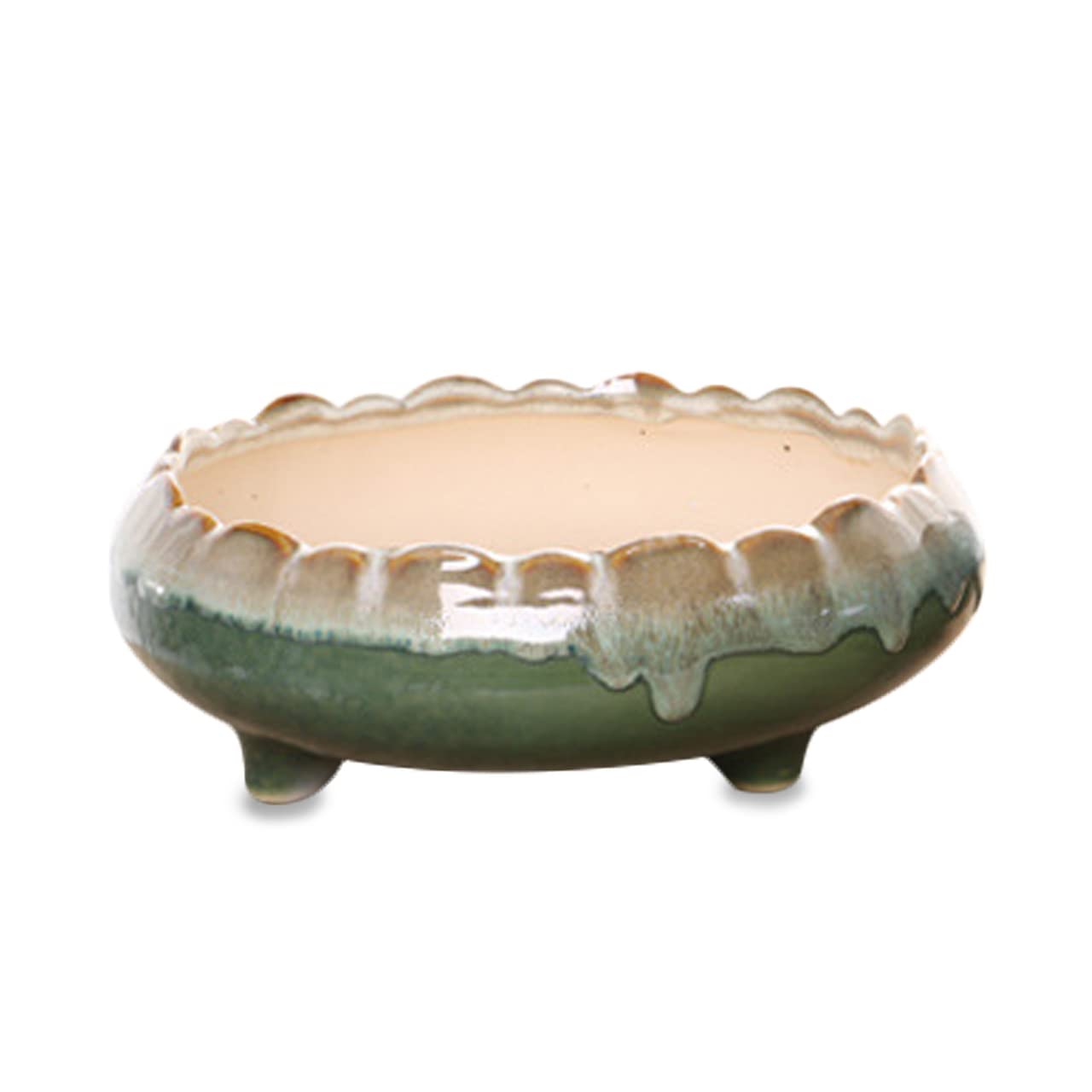 Dahlia 8.3'' Inch Large Shallow Drip Glazed Ceramic Planter/Succulent Pot/Plant Pot, Green