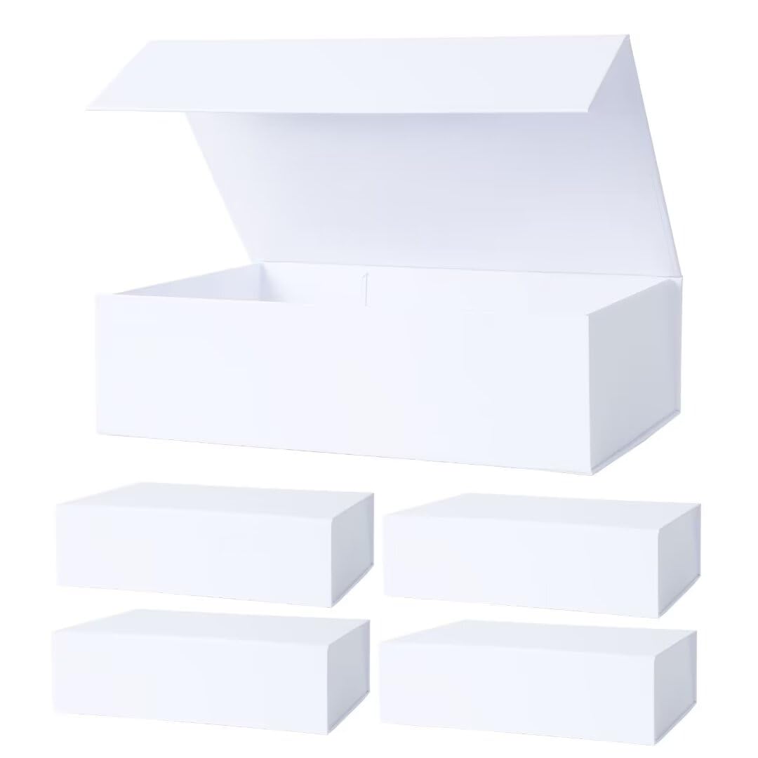 Aimyoo Small White Collapsible Gift Box with Magnetic Closure Lids 10.5x7x3 in, Bridesmaid Groomsman Proposal Boxes, Rectangle Storage Box 5 Pack
