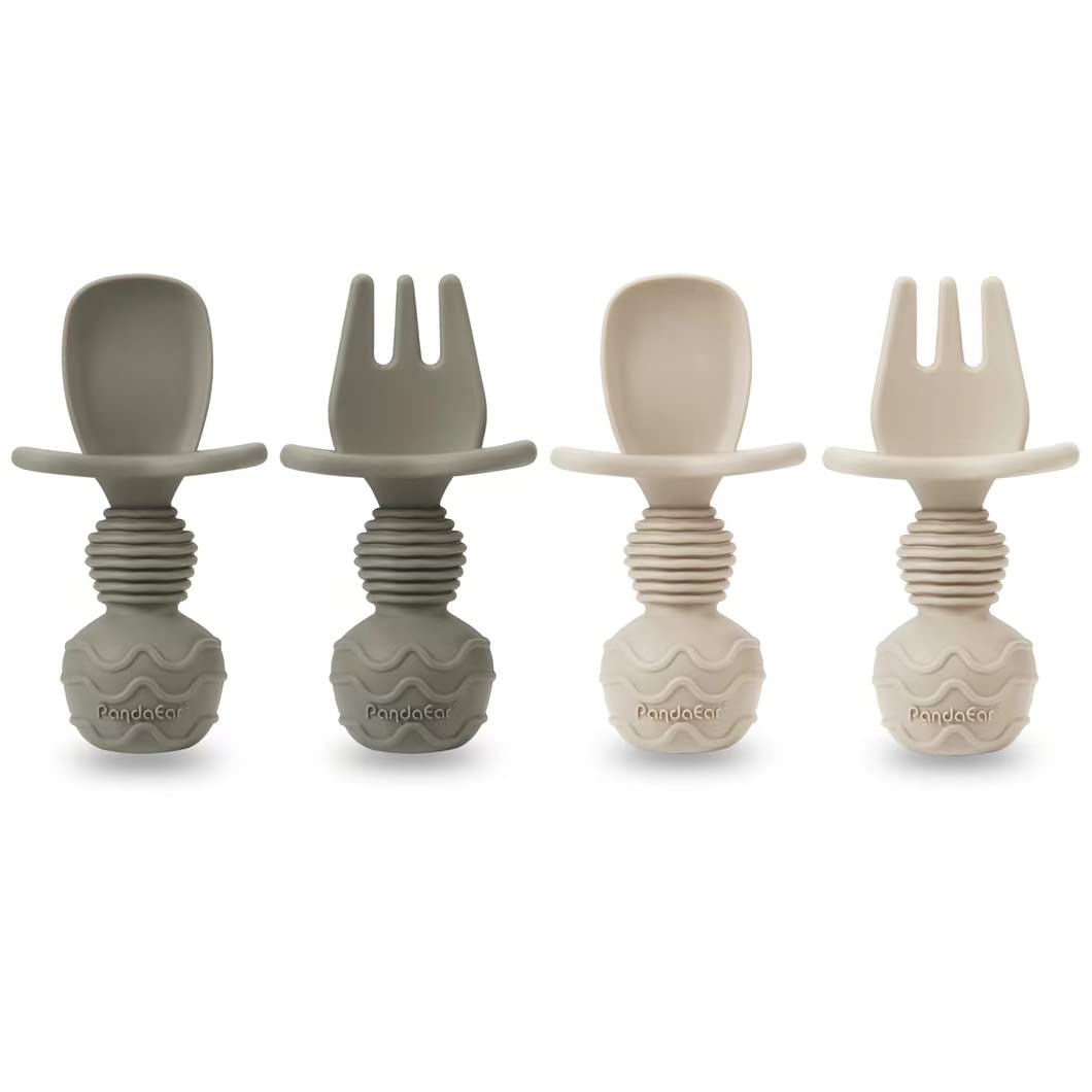 PandaEar Silicone Baby Feeding Set| 2 Pack Silicone Divided Suction Plate and 2 Pack Tiny Cup with 2 Spoons 2 Forks| Baby Led Weaning Supplies Self Feeding Eating Utensils (Light Tan/Walnut)