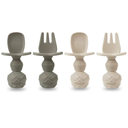 PandaEar Silicone Baby Feeding Set| 2 Pack Silicone Divided Suction Plate and 2 Pack Tiny Cup with 2 Spoons 2 Forks| Baby Led Weaning Supplies Self Feeding Eating Utensils (Light Tan/Walnut)