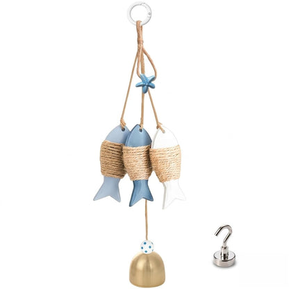 FAMCHAINS Distressed Wooden Fish Wall Decor with Melodic Bell, Nautical Hanging Ornament with Bonus Magnetic Hook, Rustic Beach Theme Art for Lake House Bathroom Garden Porch Decoration