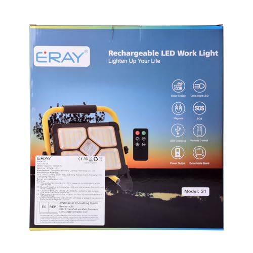 ERAY Rechargeable LED Work Light with Stand & Remote Control, 150W 10000LM Solar Portable Flood Light - 5 Dimming Modes/USB Output/Magnetic Bases, IP66 Waterproof Job Site Light for Camping Garage
