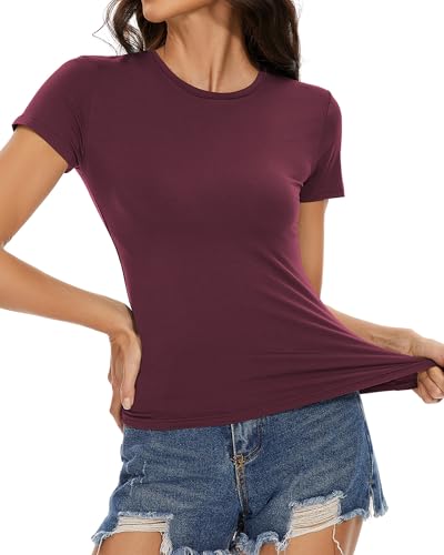 Summer Tops for Women Tight Short Sleeve Shirts Casual Compression T Shirt Fitted Basic Tees(Burgundy,M)