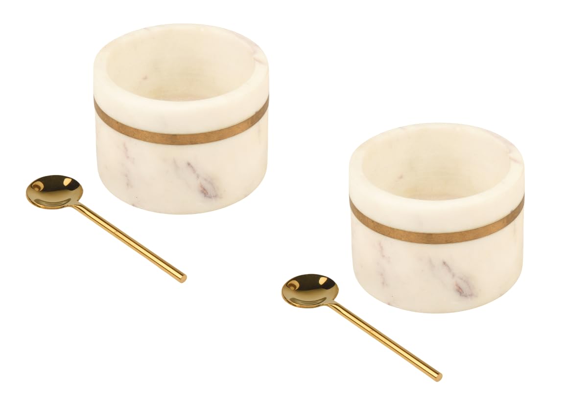 Cruiser’s Caché Marble Salt and Spice Cellars or Dipping Bowls with Gold Spoons | Set of 2