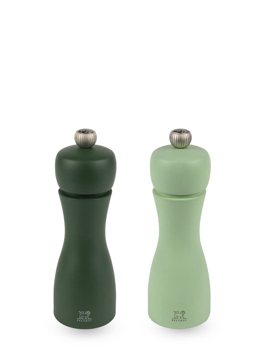 Set of Manual Beech Wood Salt and Pepper Mills in Moss Green & Mint Green, 15cm - 5in