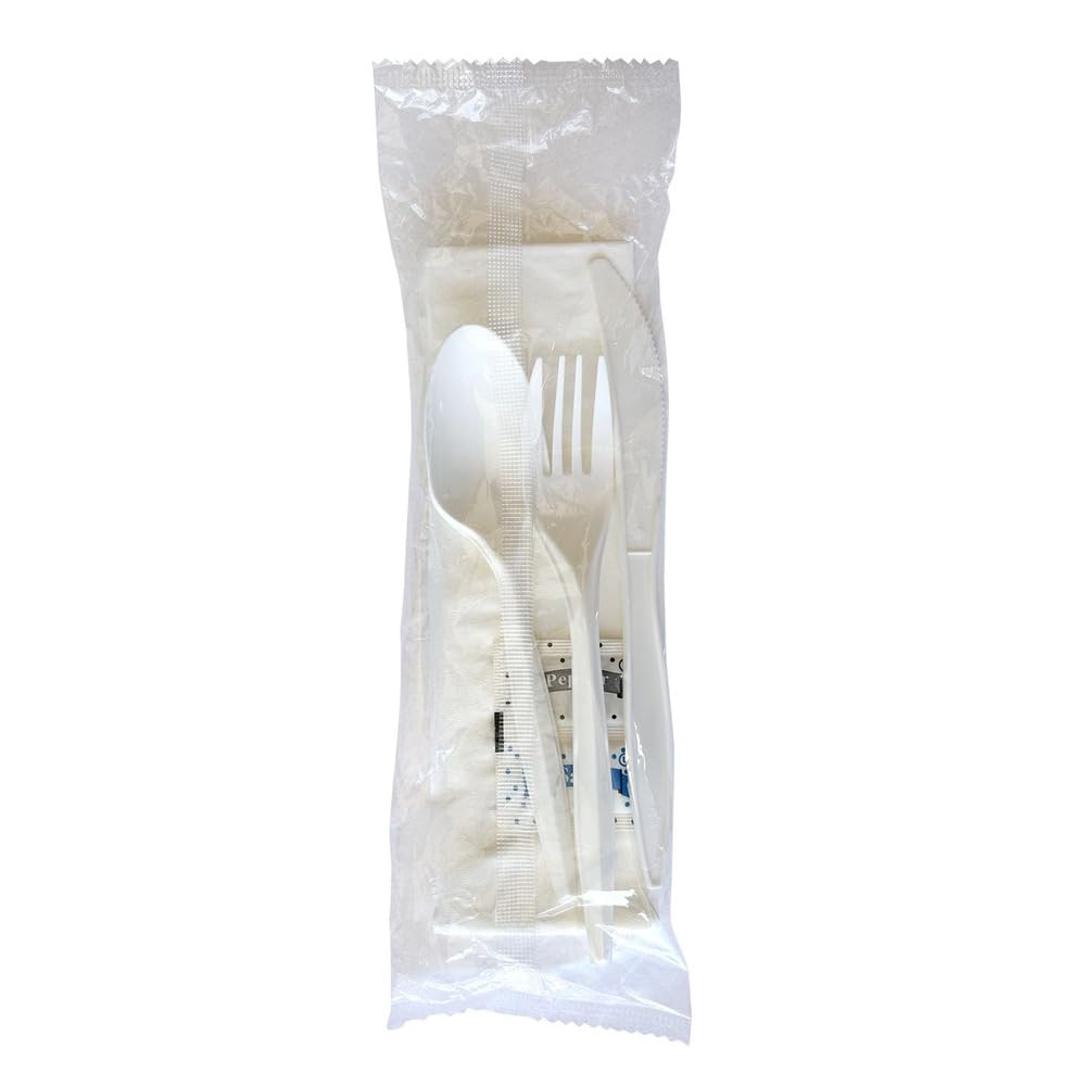 Boardwalk Three-Piece Disposable Cutlery Kit, 250 Count, Fork/Knife/Spoon/Napkin, Salt & Pepper, Medium Weight, Plastic, White, Individually Wrapped
