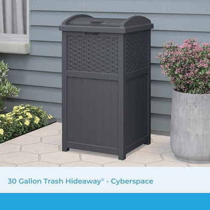 Suncast 33 Gallon Wicker-Style Hideaway Trash Can with Secure Latching Lid and Weather-Resistant Construction for Patio, Cyberspace Grey, Made in the USA