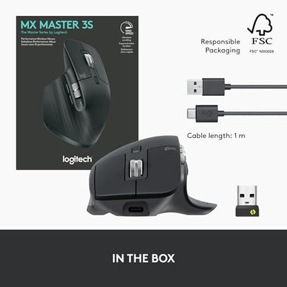 Logitech MX Master 3S - Wireless Performance Mouse with Ultra-Fast Scrolling, Ergonomic, 8K DPI, Glass Tracking, Silent Clicks, USB-C, Bluetooth, Windows, Linux, Chrome - Dark Gray