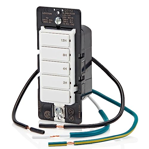 Leviton Countdown Timer Switch for bathroom fan and household lights, 5-10-15-30 min, No Neutral Required, Single Pole, 15A, 1/2 HP/9.8A Fan/Motor, DT130-1LW, White