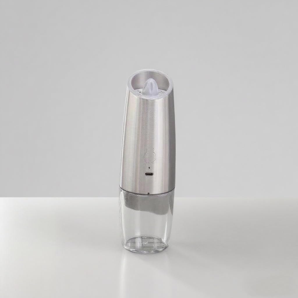 Electric Gravity Activated Salt and Pepper Grinder, Stainless Steel, Automatic Battery Operated; USB Rechargable, Adjustable Coarseness, One-Handed Operation with LED Light