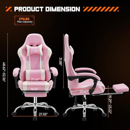 Sweetcrispy Video Game Desk Chair - Ergonomic Computer with Footrest and Comfy Lumbar Support, PU Leather Recliner with Headrest, Fixed Up Armrest, Height Adjustable with 360° Swivel, for Adults, Pink