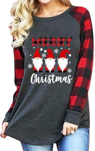 SFHFY Merry Christmas Shirts for Women Gnomes T-Shirt Lights Plaid Splicing Raglan Long Sleeve Tee Xmas Holiday Pullover Top Black Red