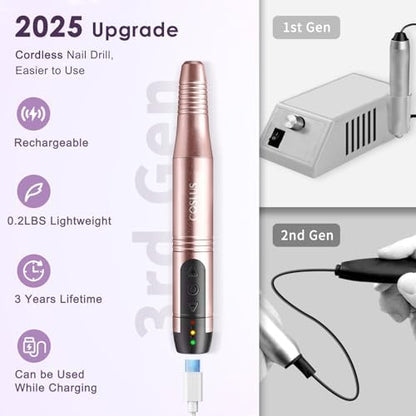 COSLUS Nail Drill Cordless Portable Electric Manicure and Pedicure Set, Professional Nail Files for Acrylic Gel Nails, 6 Nail Drill Bits, Cuticles Hard Skin, Adjustable Speed Rechargeable E File