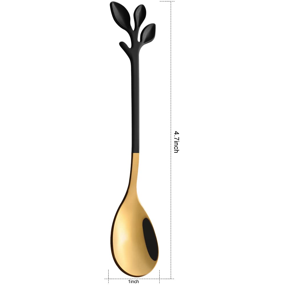 AnSaw Elegant Black & Gold Leaf Coffee Spoons - 10-Piece, 4.7" Mini Spoon