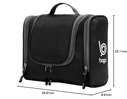 Bago Travel Hanging Toiletry Wash Bag - Large Waterproof Organizer for Women and Men - Cosmetic Essentials (Black)