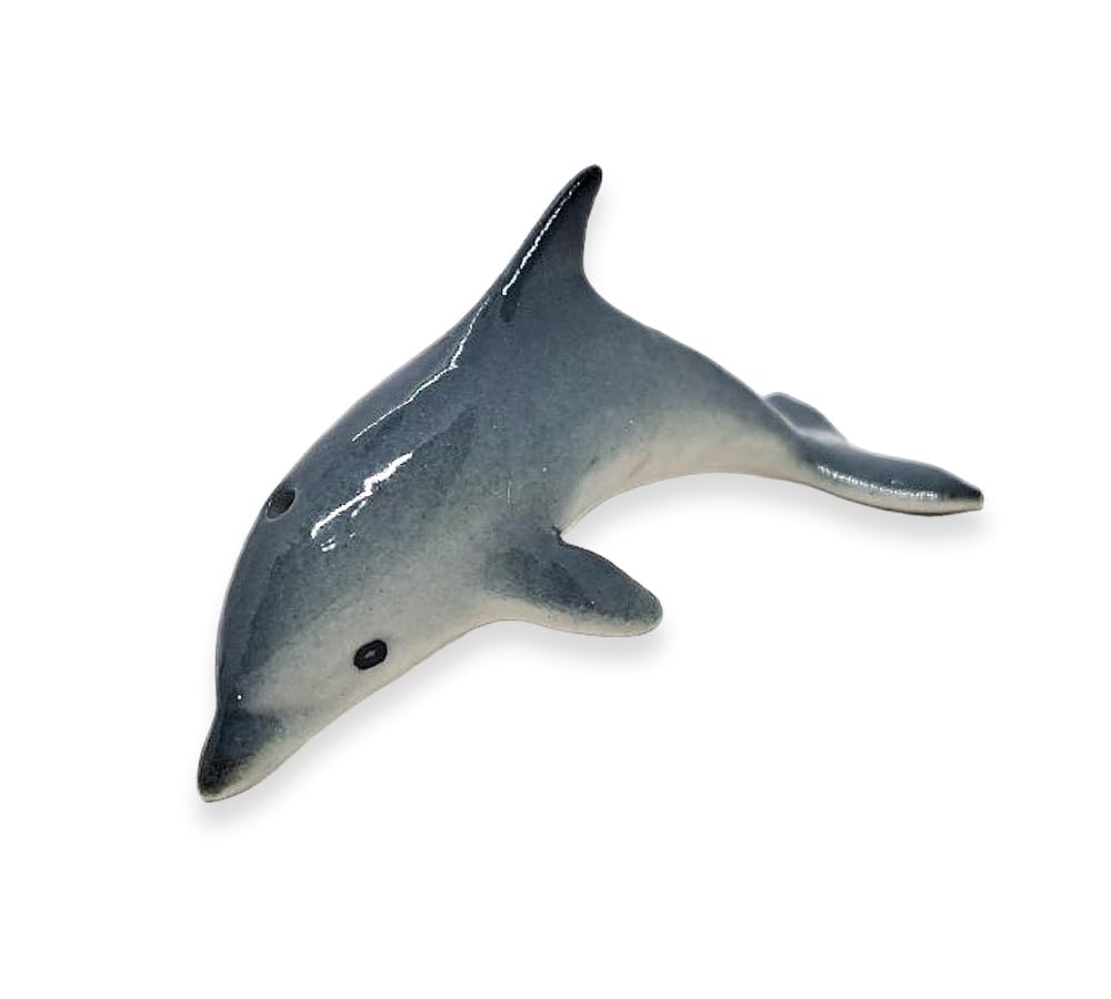 WitnyStore Tiny 1¼" Blue Gray Curved Dolphin Figurine - Miniature Hand Made Ceramic Dolphins Porpoises Whales Marine Mammal Aquatic Sea Animals Fish Porcelain Decorative Collectible Figure Décor Gifts