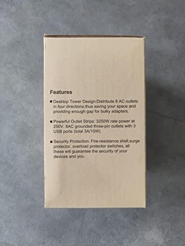 Tower Extension Lead with USB C Slots, TESSAN 8 Way Plug Extension Socket with Switch, Surge Protected Power Strip with 2M Cable for Home, School Supplies