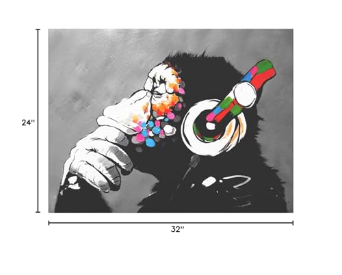 Wieco Art Black Framed Monkey With Headphones Banksy Graffiti Art Abstract Canvas Paintings Prints Animal Canvas Wall Art for Wall Decor and Home decorations Office Decor