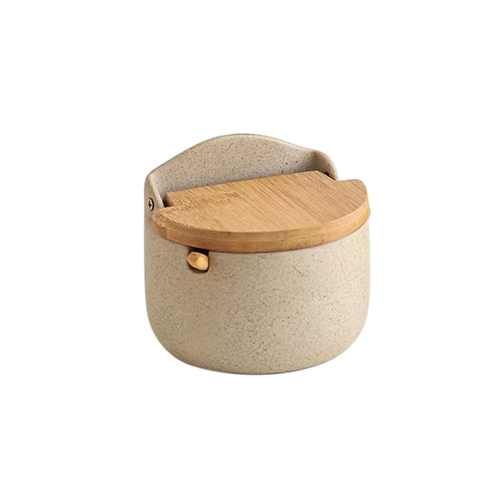 Leadigol Ceramic Seasoning Jar,Seasoning Storage Pot,Salt Spices Storage Box,Bamboo lid Spice Jar with Spoon,Ceramic Condiment Pot for Kitchen