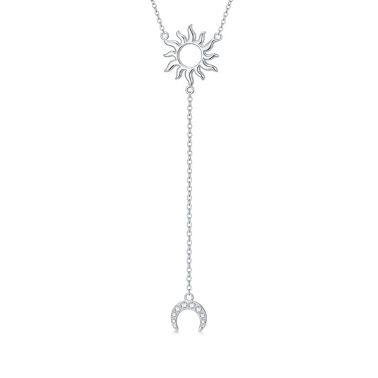 Diamond Sun Moon Y Necklace for Women 925 Sterling Silver Lariat Long Necklaces with Lab Grown Diamond Jewelry Gift for Birthday