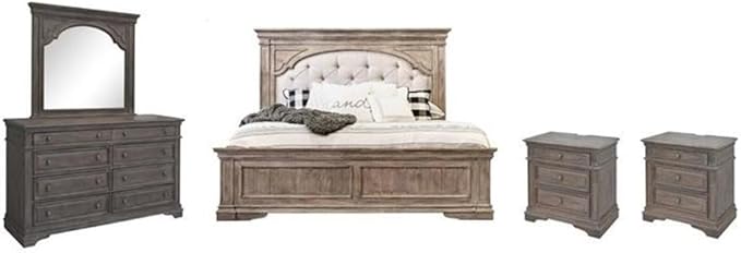 Pemberly Row King Panel Bed, Driftwood Gray Wood Frame, Upholstered Button