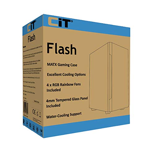 CiT Flash ARGB PC Gaming Case, Micro-ATX, 4 x 120mm ARGB Rainbow Fans Included, Tempered Glass, LED Button, 8 Fan Support, Water-Cooling Ready | Black