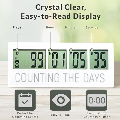 Countables Counting the Days Countdown Clock - Up to 999 Days LCD Digital Timer - Easy to Set & Read Reusable Count Down Timer for Retirement, Wedding, Christmas, Holiday,Baby Due Date,Birthday & More
