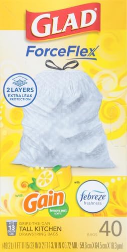 Glad ForceFlex Trash Bags 13 Gallon Gain Lemon Zest | Tall Kitchen | Drawstring