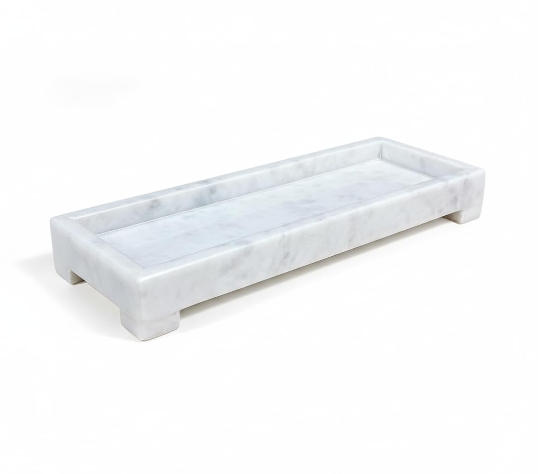 Dreamy Walls Banswara White Marble Vanity Tray - 11×4 Inch | Marble Tray for Bathroom, Perfume, Jewellery & Dressing | Trinket Tray, Bathroom Tray for Toiletries | Anti-Slip | Handmade in India