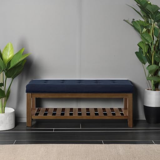 24KF Large Rectangular Upholstered Tufted Linen Fabric Ottoman Bench, Padded
