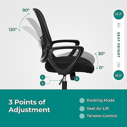SMUG Home Office Computer Desk Chair, Ergonomic Mid-Back Mesh Rolling Work Swivel Task Chairs with Wheels, Comfortable Lumbar Support, Comfy Arms for Bedroom, Study, Dorm, Student
