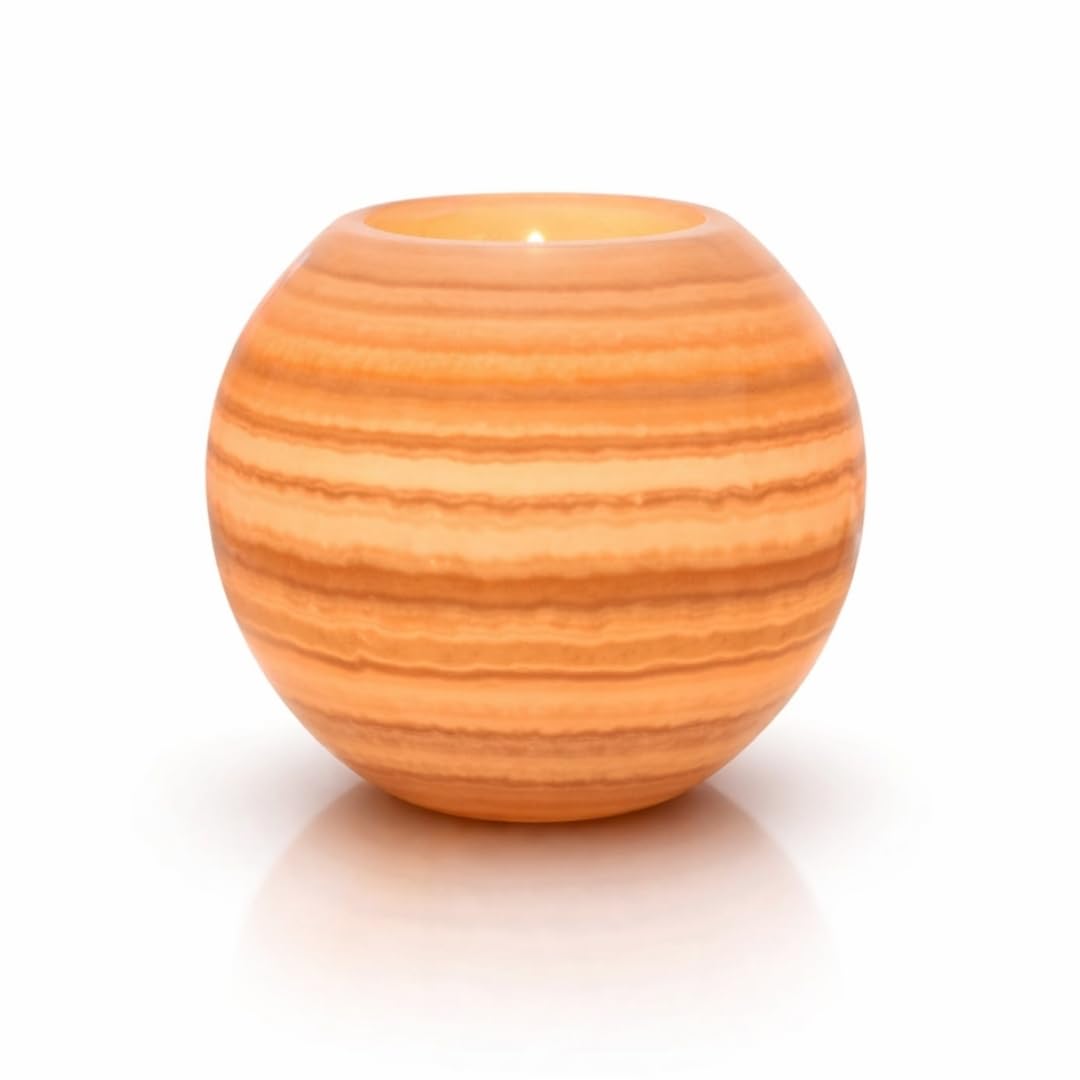 CraftsOfEgypt Single Alabaster Candle Holder - Egyptian Tealight and Votive Candles Holders with Amber Glow for Home Décor Natural Stone Soothing Tranquil Aurora