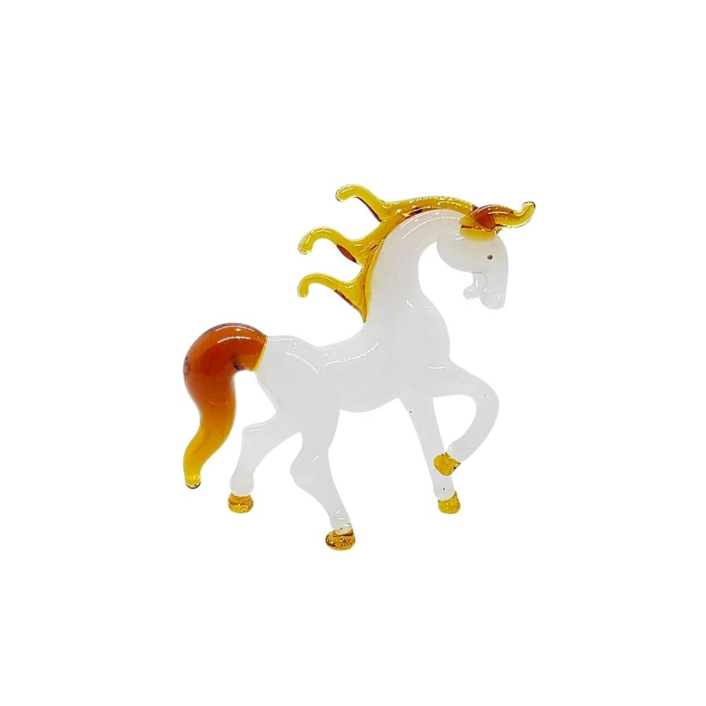 WitnyStore Tiny 1¾" High White Brown Walking Horse Figurine - Miniature Hand Blown Painted Glass Horses Stallion Mare Foal Pony Small Crystal Animals Decorative Collectible Figures Décor Gifts