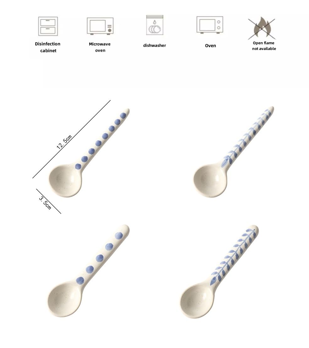 4-Pack - Ceramic blue and white Afternoon Tea, Coffee Whisk, Handmade Spoon,Pointed-head/Round-head handle coffee spoon, tea scoop for loose tea, Size 4.9 * 1.3 in（12.5 * 3.5 cm）