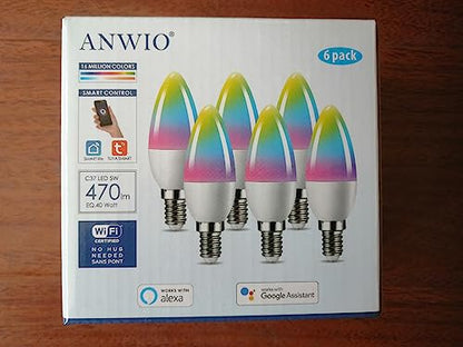 ANWIO Smart Bulb E14,Smart Candle Bulb,470Lm,E14 Alexa Smart Light Bulb,5W Replace 40 Watt Alexa Candle Light Bulb,Light Changing Bulbs,Google Assistant, Remote Control Bulbs (6 Pack)
