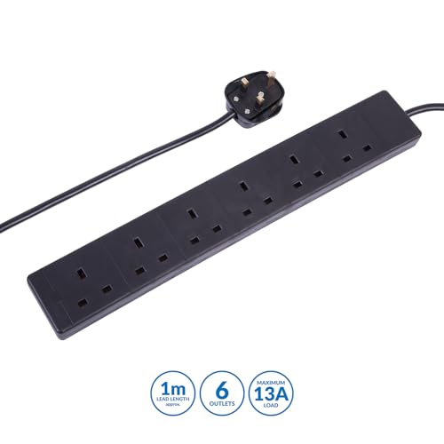 PRO ELEC pl11242 13 A 1 m 6 Way Gang Power Mains Extension Lead Cable - Black