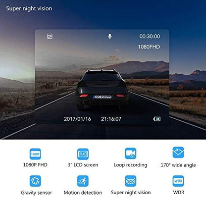 Dash Cam Front and Rear with Card FHD 1080P 3”IPS Screen Dual Camera Dash Cams DVR Car Driving Recorder 170°Wide Angle HDR Dashboard Camera Night Vision Parking Mode Motion Detection Loop Recording