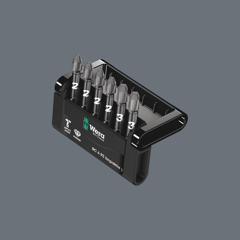 Wera Bit-Check 6 PZ Impaktor 1 Diamond Coated TriTorsion Long Service Life Pozidriv Bit Set, 6pc, 05057692001