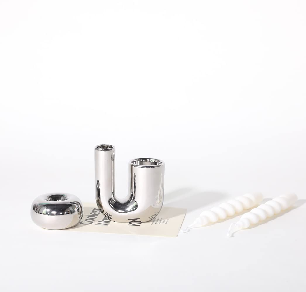 ITrixgan Silver Candlestick Holders, Decorative Taper Candle Holder Set Decor for Table Centerpiece Fireplace, Modern Silver Candle Holders Set, Aesthetic Ceramic Candle Stick Holder