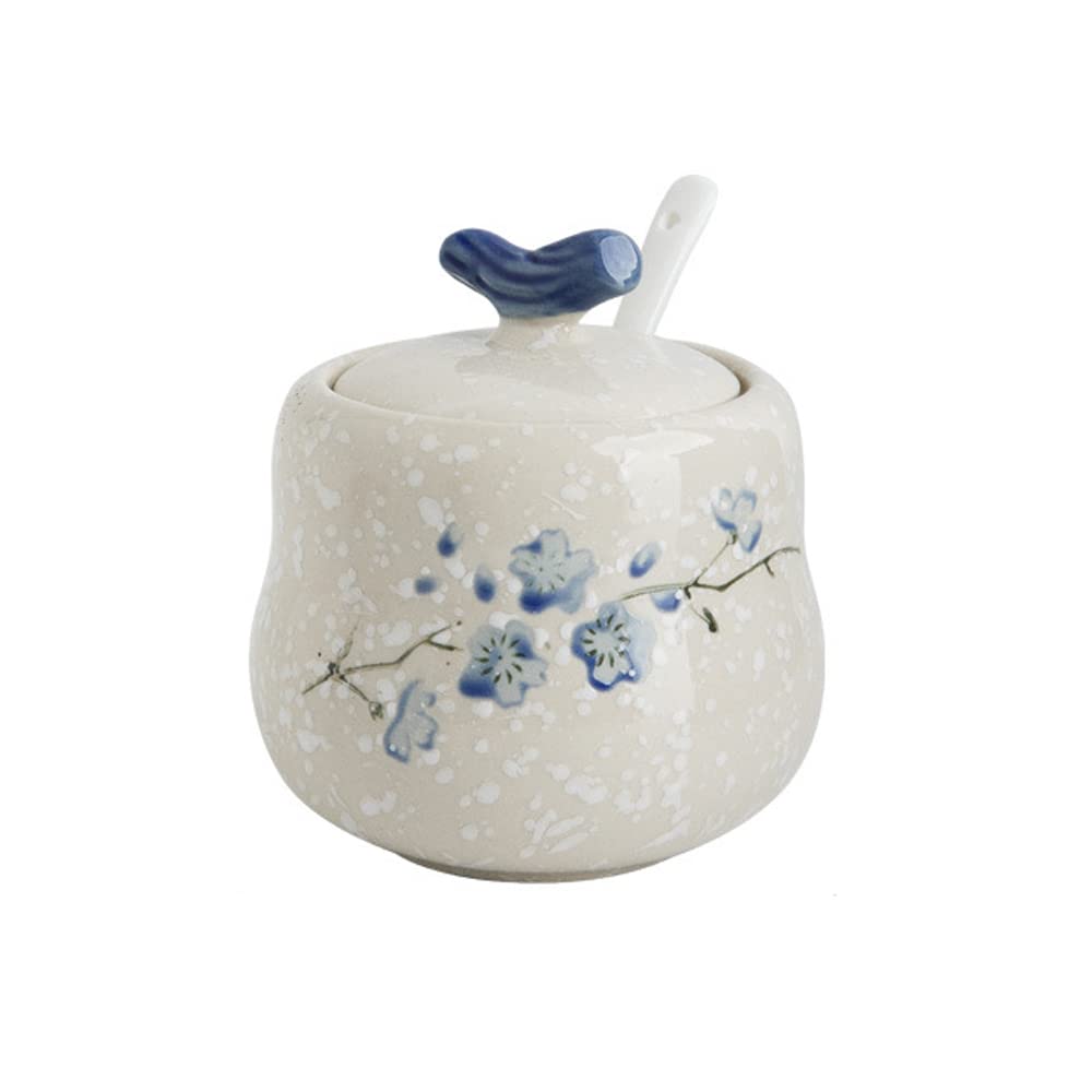 YMYL Ceramic Sugar Bowl with Lid and Spoon, 13.5oz Elegant Blue Floral Pattern Sugar Jar Sugar Container Sugar Dispenser Coffee Bar Accessories, Modern Kitchen Decor