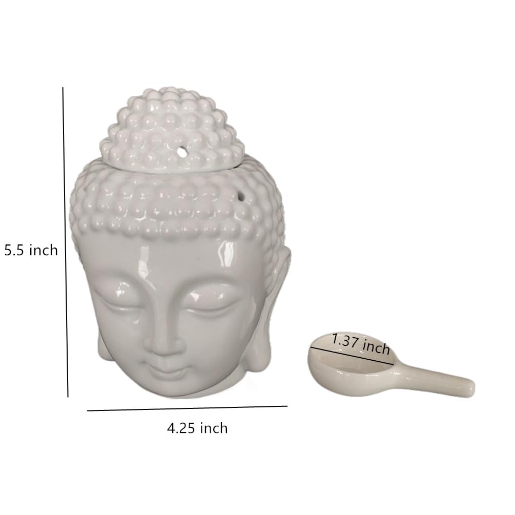Ceramic Buddha Head Essential Oil Burner with Candle Spoon for Yoga Spa, Aromatherapy Wax Melt Burners Oil Diffuser Tealight Candle Holder for Bedroom Home Garden Decor (White)