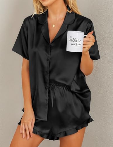 Ekouaer Womens Satin Pajamas Set Button Down 2 Piece Silk Pjs Shorts Set Ruffle Lingerie Notch Collar Sleepwear