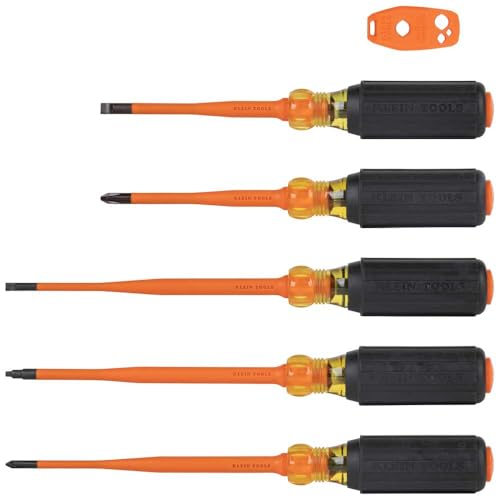 Klein Tools 33736INS Insulated Screwdriver Set, 1000V Slim-Tip Driver with Phillips, Cabinet and Square Bits and a Magnetizer, 6-Piece
