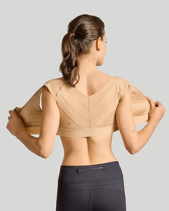 Tommie Copper Shoulder Support Compression Bra with Front Zipper Closure - Wireless Posture Corrector & Back Support Bra, Ideal for Gardening, Yoga, and Sports, UPF 50 - Nude, XX-Large