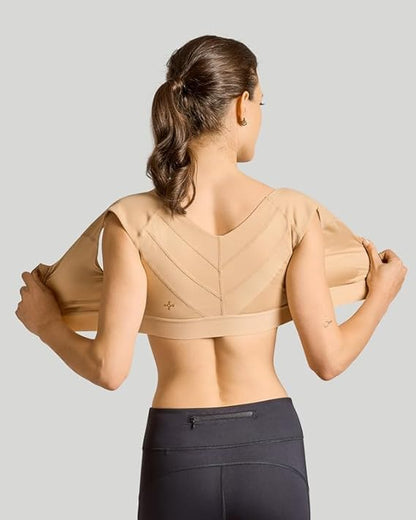 Tommie Copper Shoulder Support Compression Bra with Front Zipper Closure - Wireless Posture Corrector & Back Support Bra, Ideal for Gardening, Yoga, and Sports, UPF 50 - Nude, XX-Large