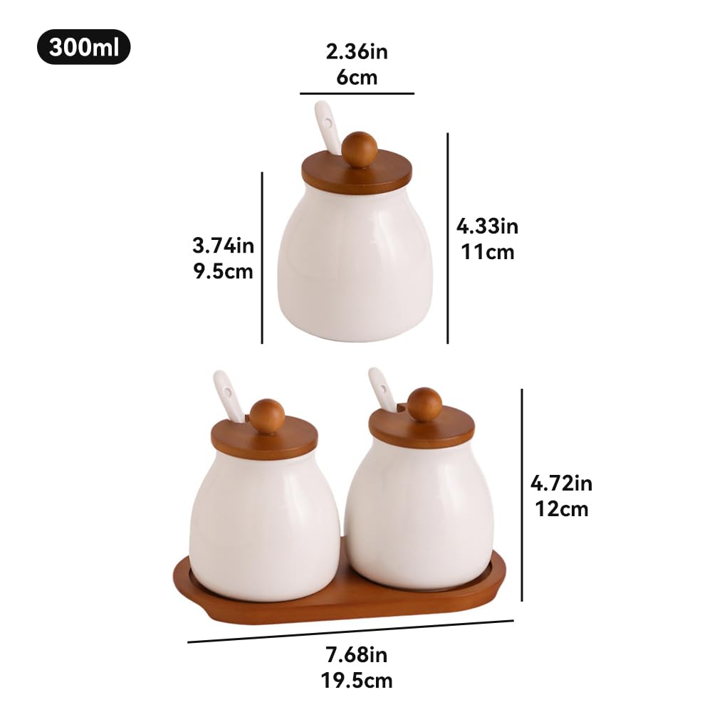 ANQIA Porcelain Condiment Jar Set Spice Jars with Wooden Lids and Tray Ceramic Spice Container with Spoons for Sugar, Salt,Tea, Spices, Coffee (Set of 2)