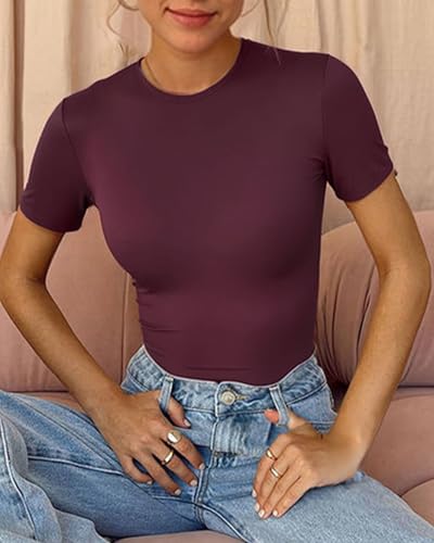 Summer Tops for Women Tight Short Sleeve Shirts Casual Compression T Shirt Fitted Basic Tees(Burgundy,M)
